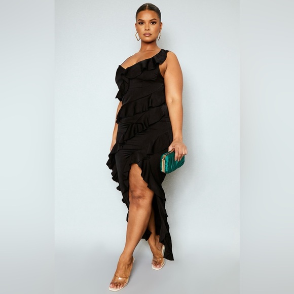 NEW PLT PLUS BLACK SATIN FRILL LAYERED MAXI DRESS - Picture 3 of 6